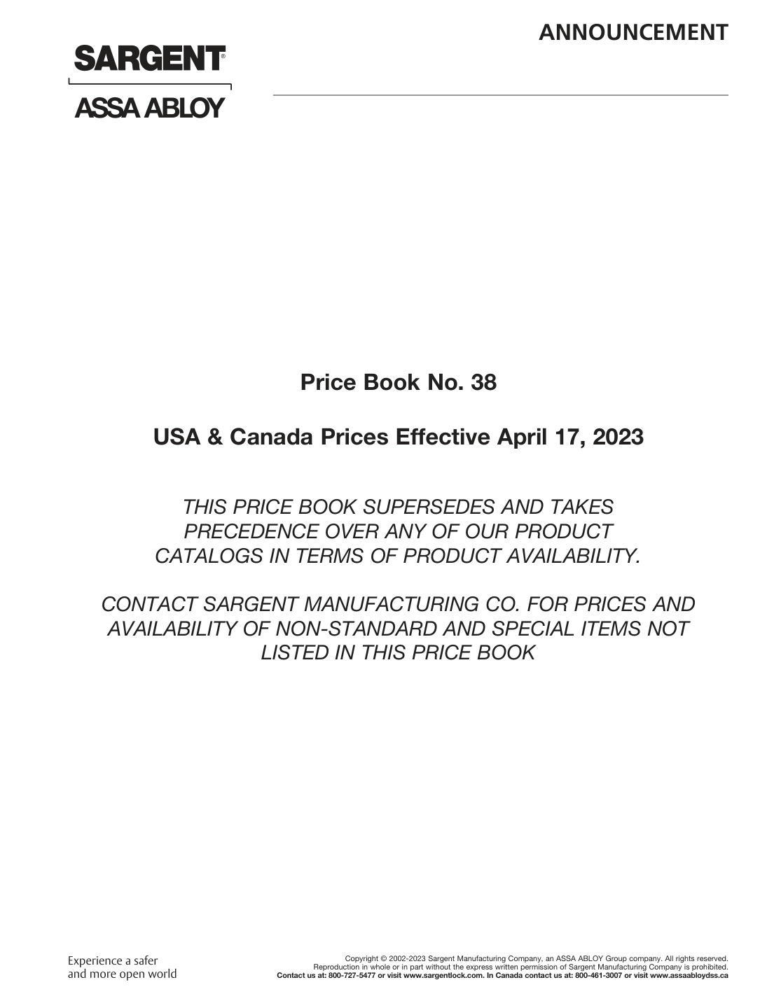 First page of Sargent Pricebook