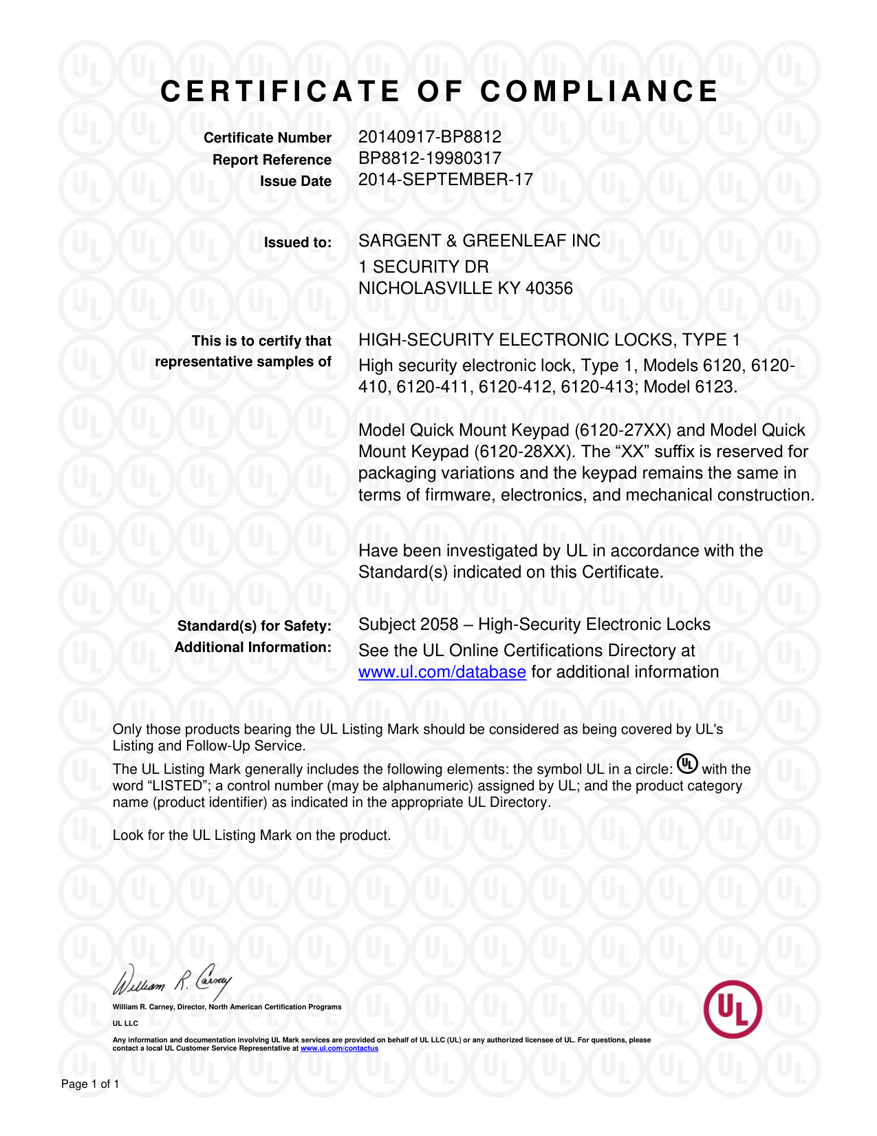 Sargent and Greenleaf 6120_RoHS2 Compliant diagram on page 1