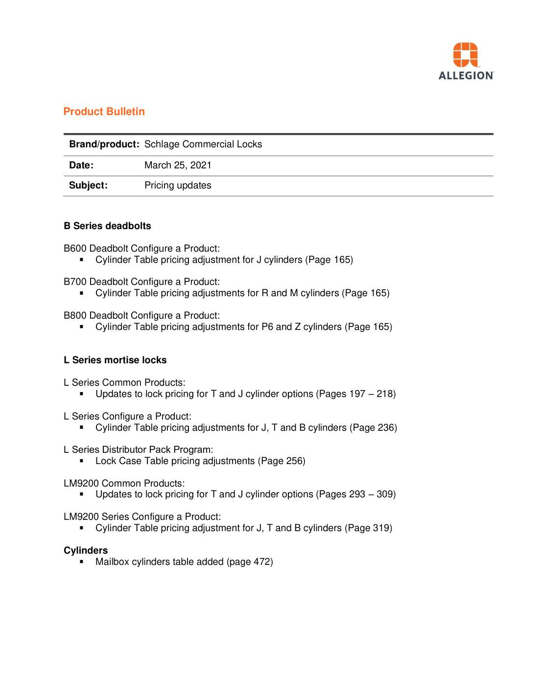 First page of Schlage Price Book