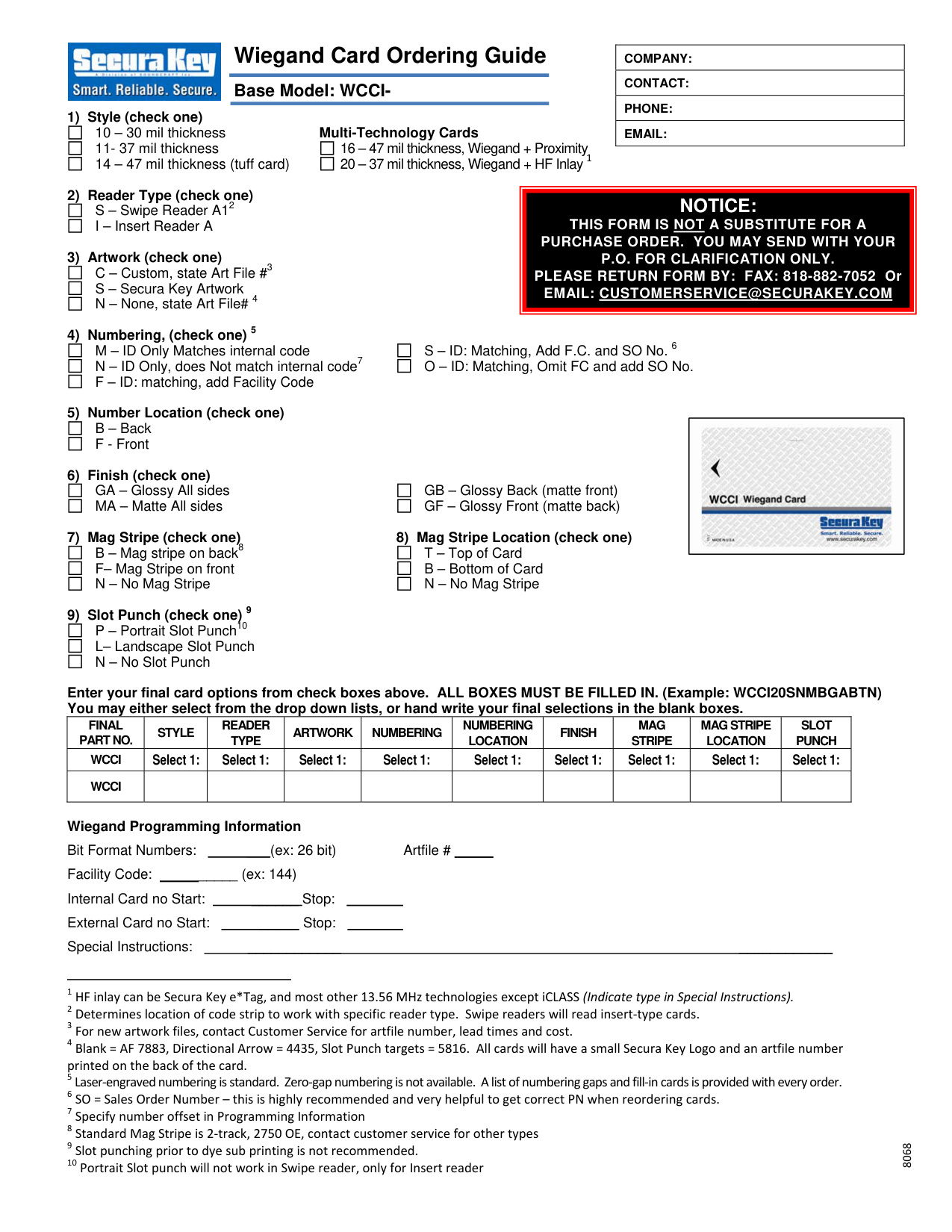 Securaky Wiegand Card Ordering Guide diagram on page 1