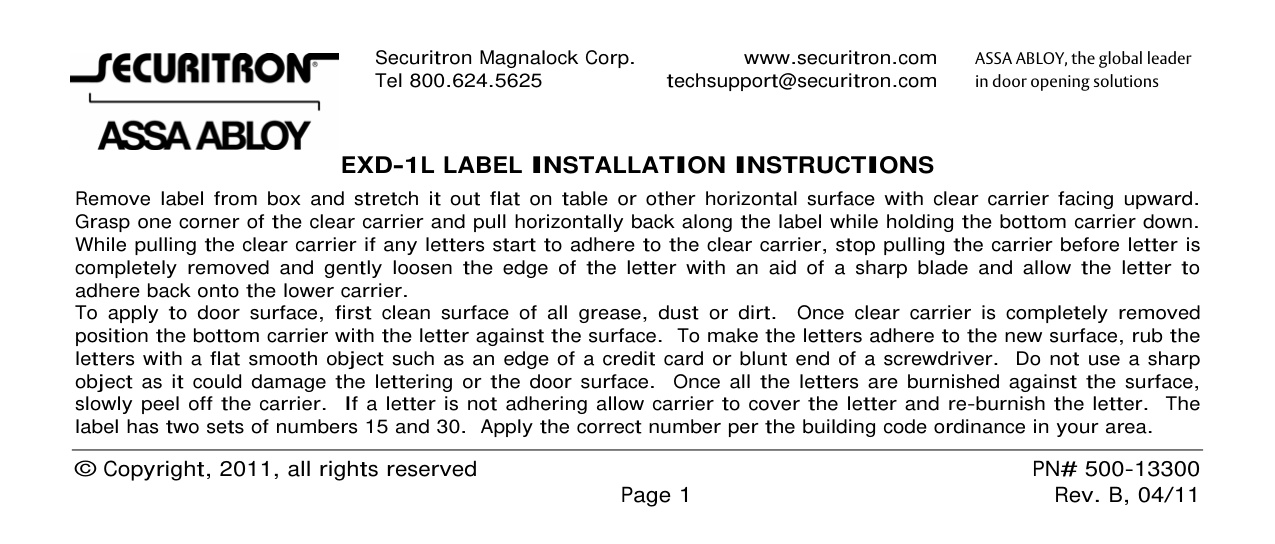 Securitron Component EXD-1L Label Installation Instructions diagram on page 1