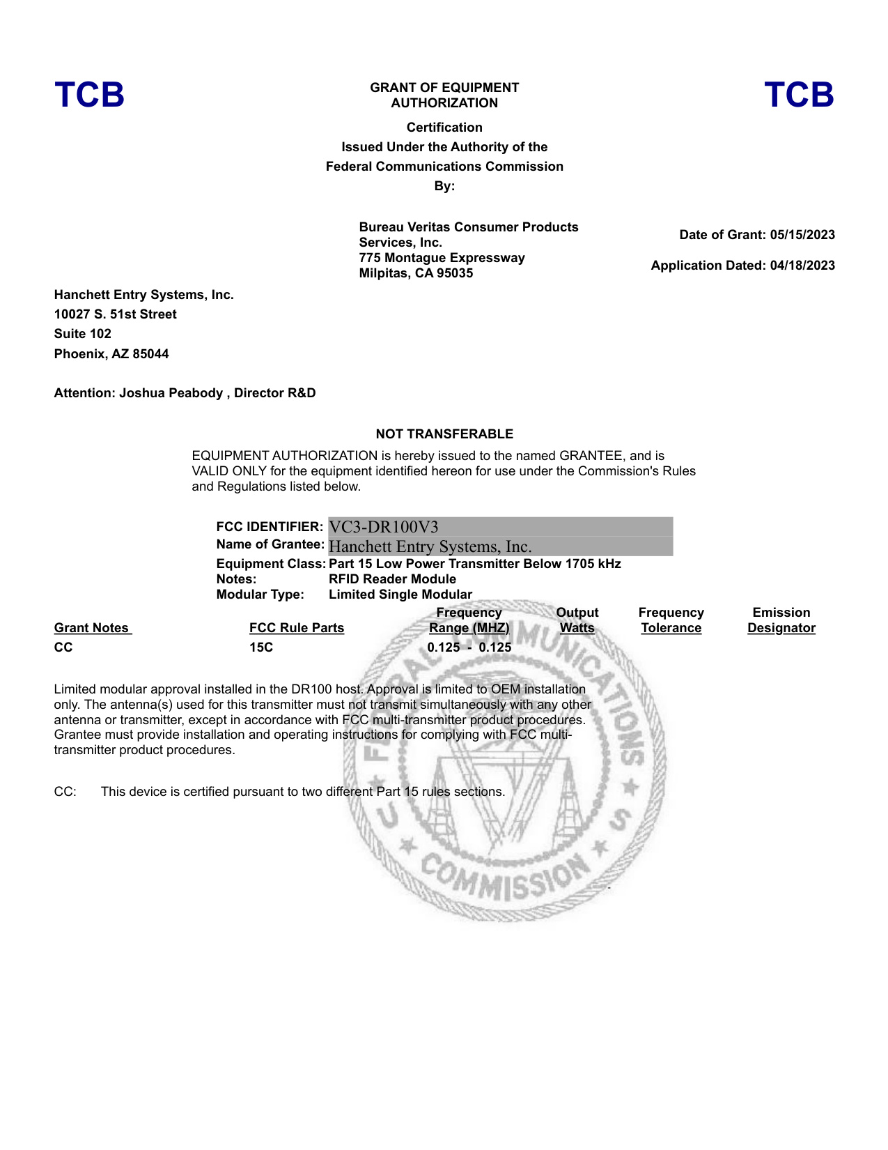 Securitron DR100 Relay FCC Grant DCD Certification diagram on page 1