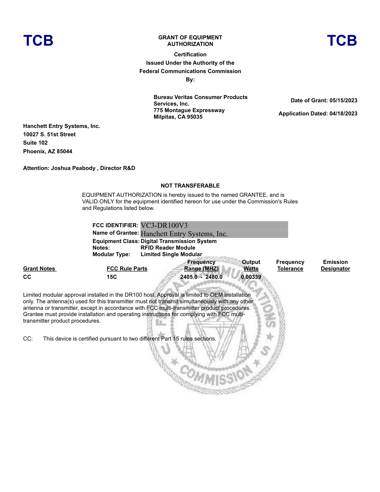 Securitron DR100 Relay FCC Grant DTS Certification diagram on page 1