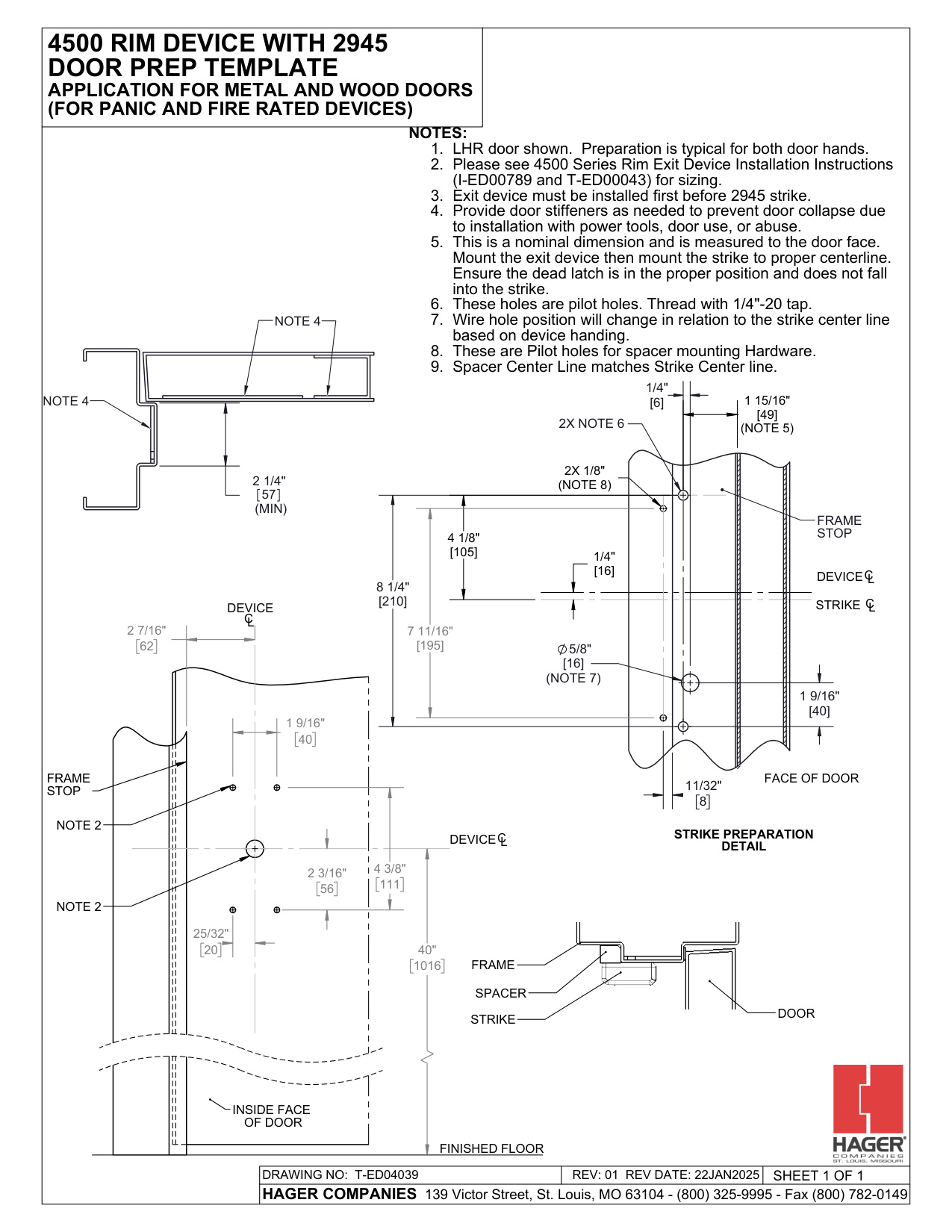 T-ED04039 – Template for 2945 with 4500 RIM Exit Device diagram on page 1