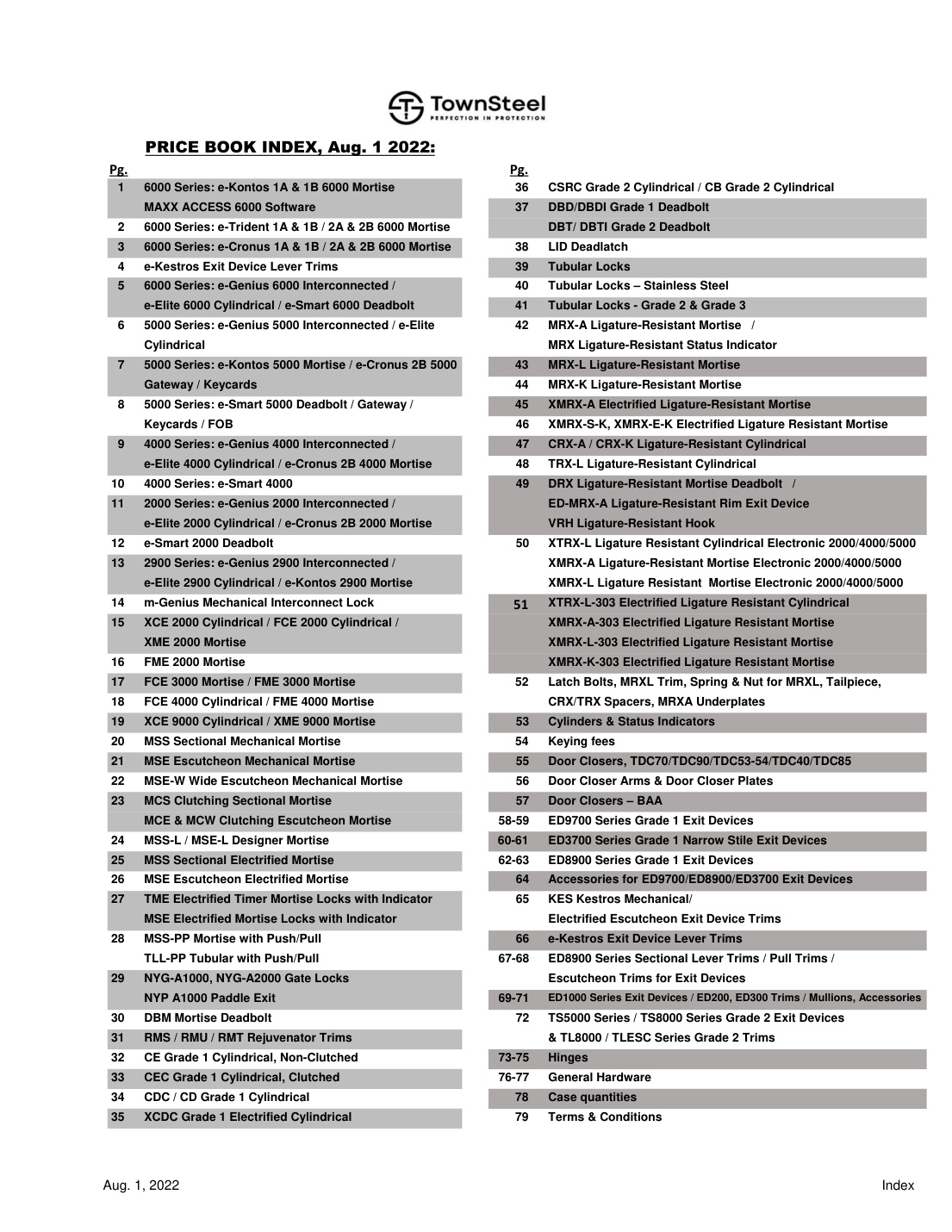 First page of Townsteel Pricebook
