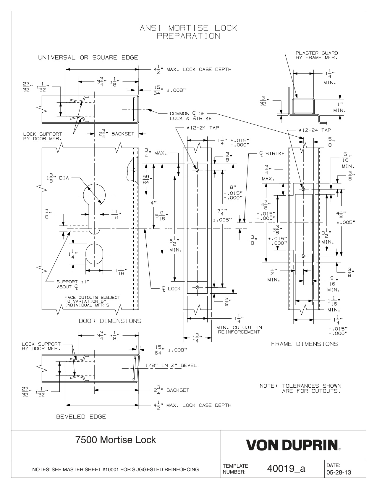 Von Duprin 7500 Mortise Lock ANSI Prep Template diagram on page 1